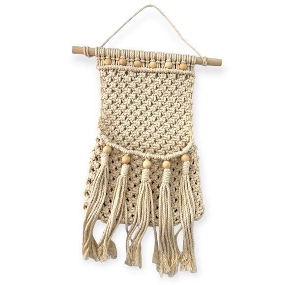 Macrame Wall Hanging Decor Pocket Fringe Storage Boho Wooden Bead Rope 20"X12" - Picture 1 of 4